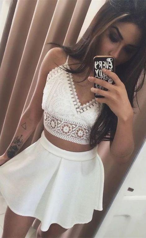 Two Piece Lace Homecoming Dresses Mikayla Spaghetti Straps Short White With CD8957