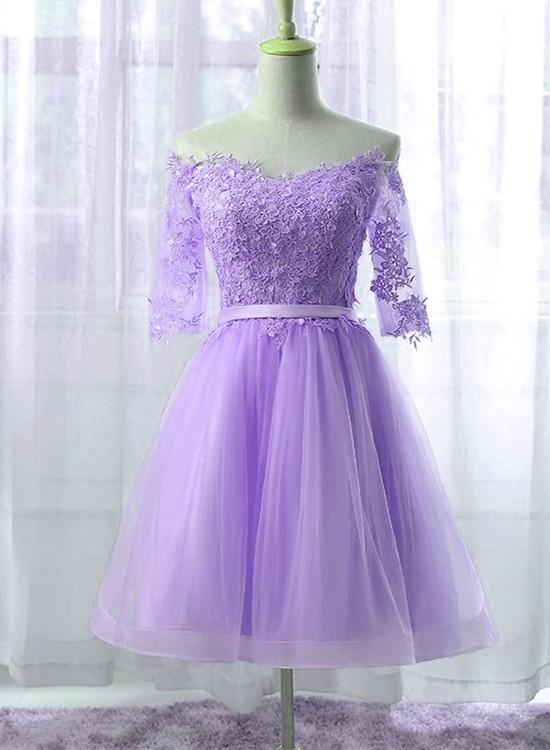 Beautiful Homecoming Dresses Kathleen Light Purple Tulle Short Sleeves Party Dresses 2024 Knee Length XXA9067