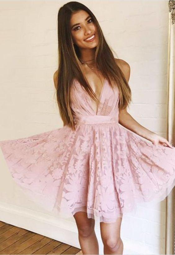 V-Neck Lace Pink Jakayla Homecoming Dresses CD90