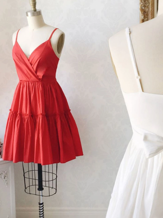 Simple Red Short Satin Homecoming Dresses Cocktail Madilyn Dress Red Dress CD9104