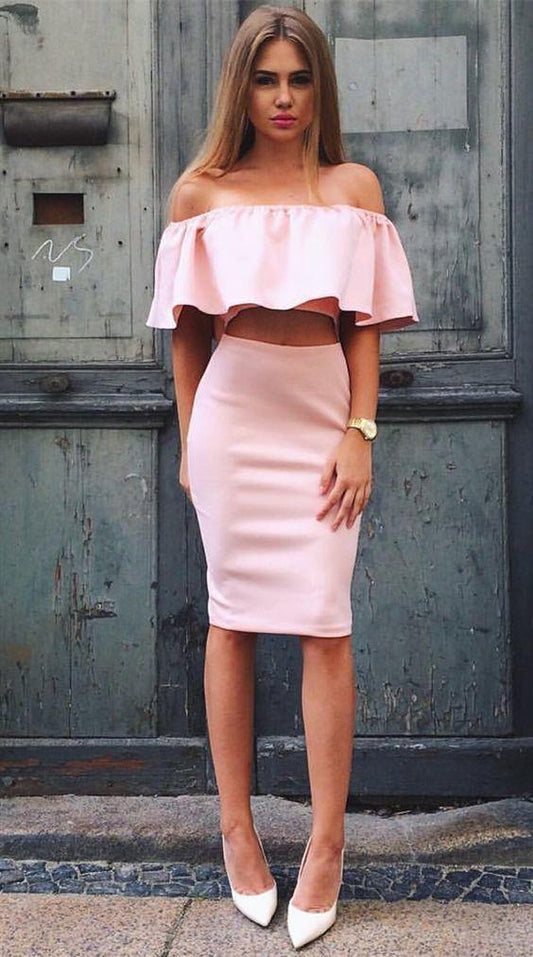 Two Piece Off-The-Shoulder Ruth Pink Homecoming Dresses Knee-Length With Ruffles CD916