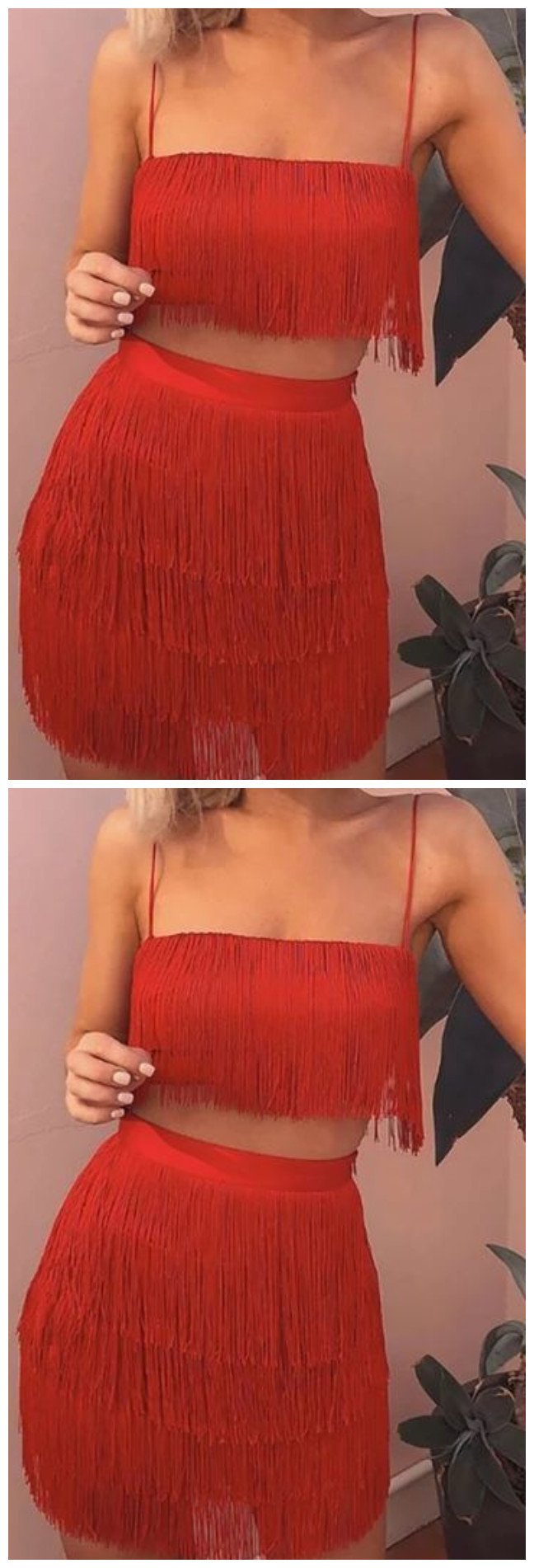 Alanna Homecoming Dresses Sleeveless Spaghetti Strap Fringe Crop Top Bodycon Two Piece Mini CD9312