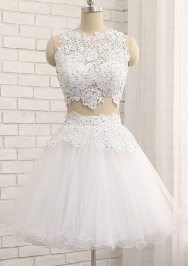 White Novia Homecoming Dresses Lace Two Pieces Tulle Short Dress CD931