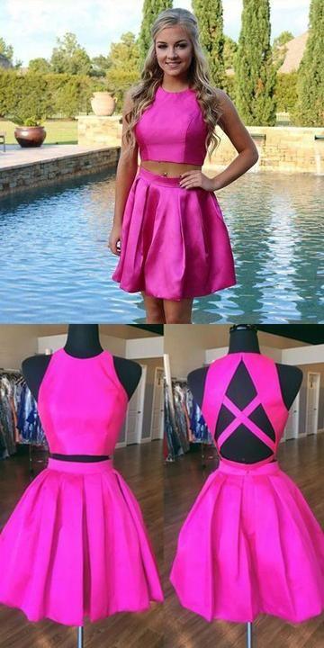 Two Piece A-Line Jewel Open Back Short Satin Ariella Homecoming Dresses With Pleats CD9342