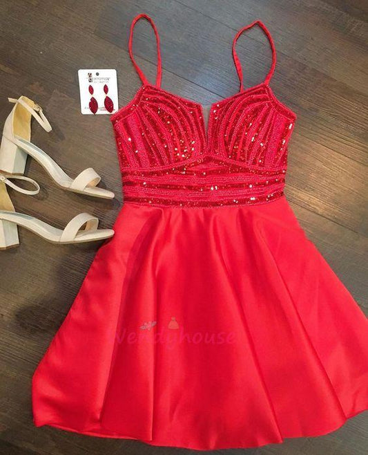 Sexy Red Straps Beaded Short Party Dress Homecoming Dresses Cocktail Madilynn Red Dress CD9365