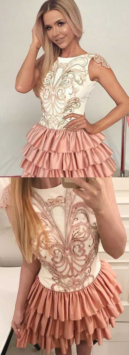 Custom Made Charming A-Line Bateau Cap Satin Homecoming Dresses Olga Sleeves Short Tiered Champagne With Sequins XXA936