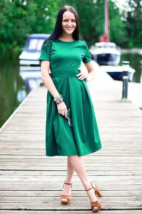 Green Pleated Dress Knee Length Dress Short Sleeved Formal Dress Homecoming Dresses Mandy XXA9376