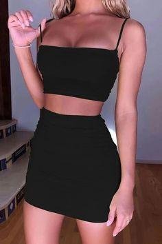 Black Bodycon Sexy Spaghetti Straps Two Piece Kianna Homecoming Dresses CD9393