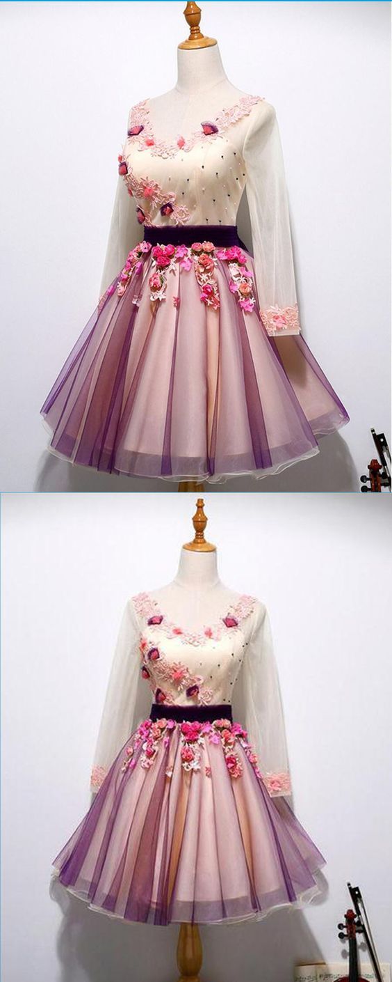 Cute Spring Tulle V Neck Lace Homecoming Dresses Priscilla Short Applique Party Dress With Sleeves XXA9646