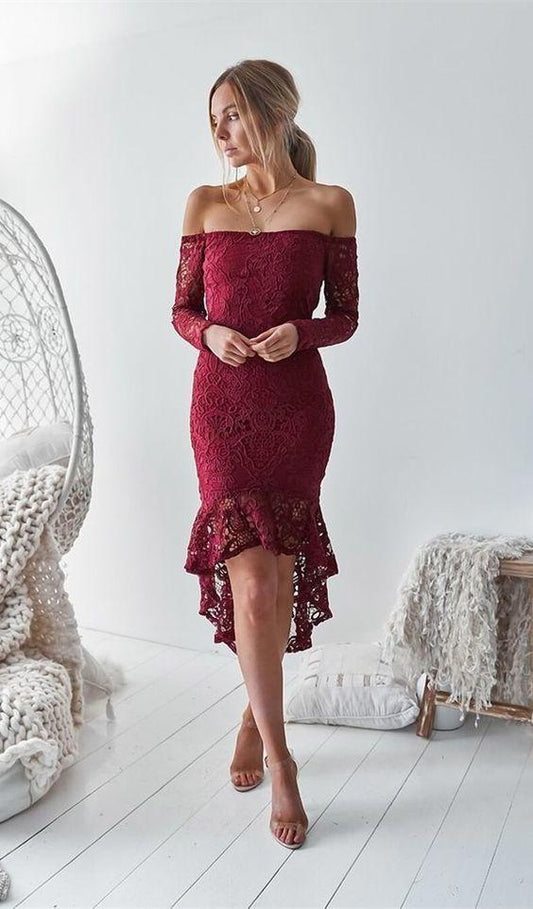 Fashion Off Lace Priscilla Homecoming Dresses The Shoulder Elegant Burgundy Short Party Dress XXA9886