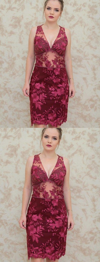 Dark Red Beading Sheath Homecoming Dresses Lace Moira V-Neck Sleeveless XXA999