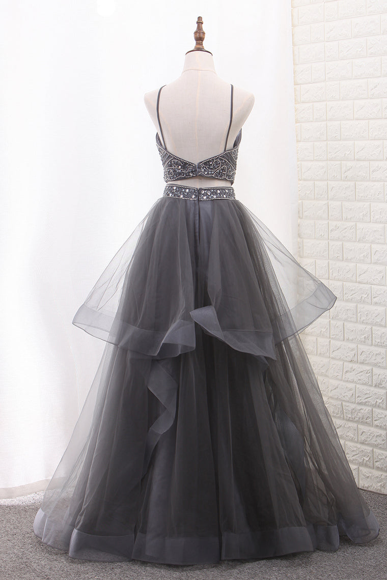 2024 A Line Tulle Spaghetti Straps Two-Piece Prom Dresses With Beads