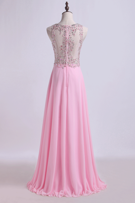 2024 Bateau Prom Dresses A Line Beaded Bodice Chiffon