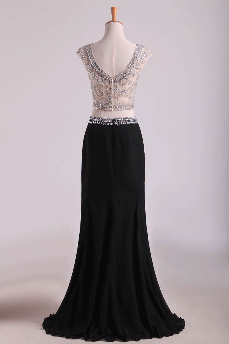 2024 Two-Piece Scoop Column Prom Dresses Beaded Bodice Chiffon