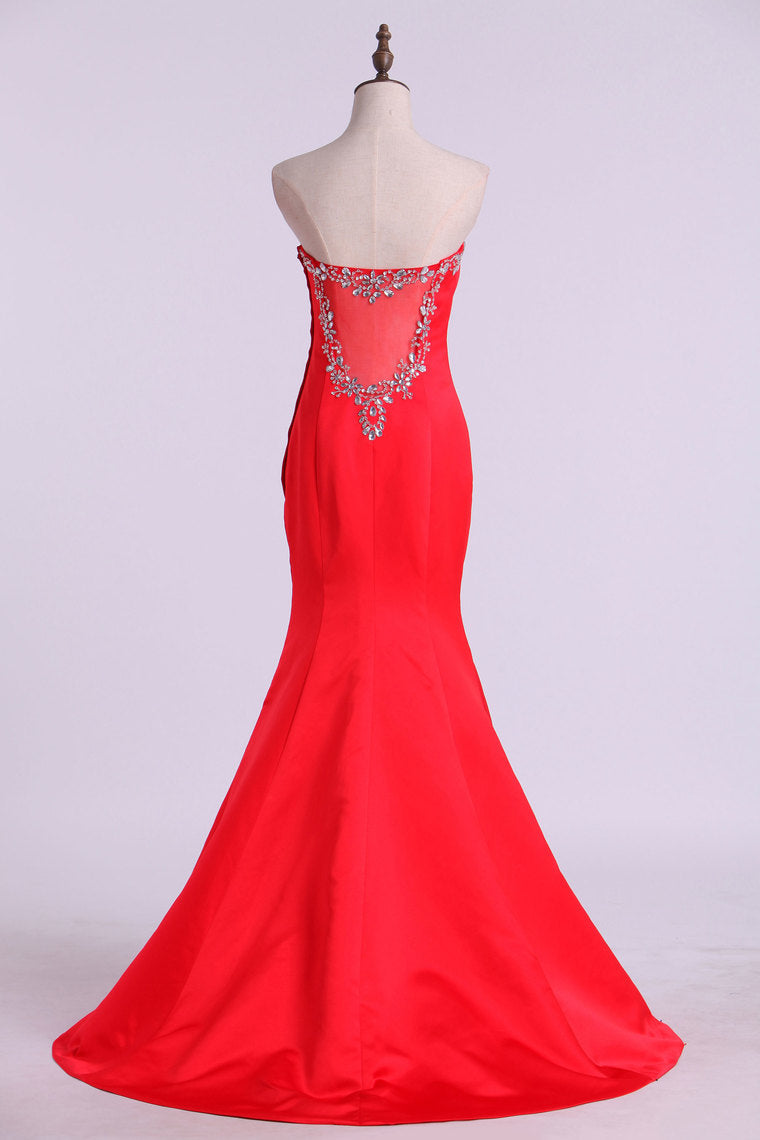 2024 Sweetheart Beaded Neckline Satin Prom Dress Mermaid Sweep Train