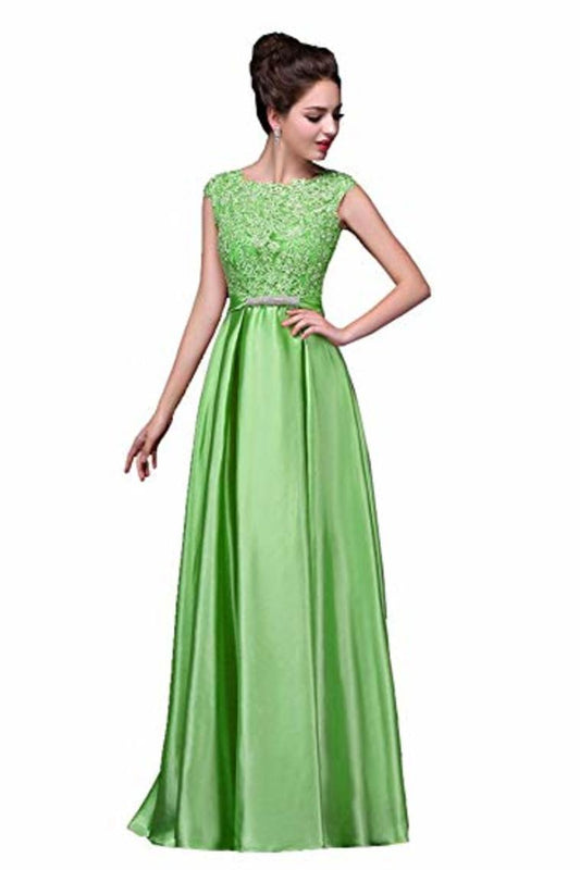 Elegant A-Line Applique Round Neck Lace Satin Ball Gown Evening Prom Dress