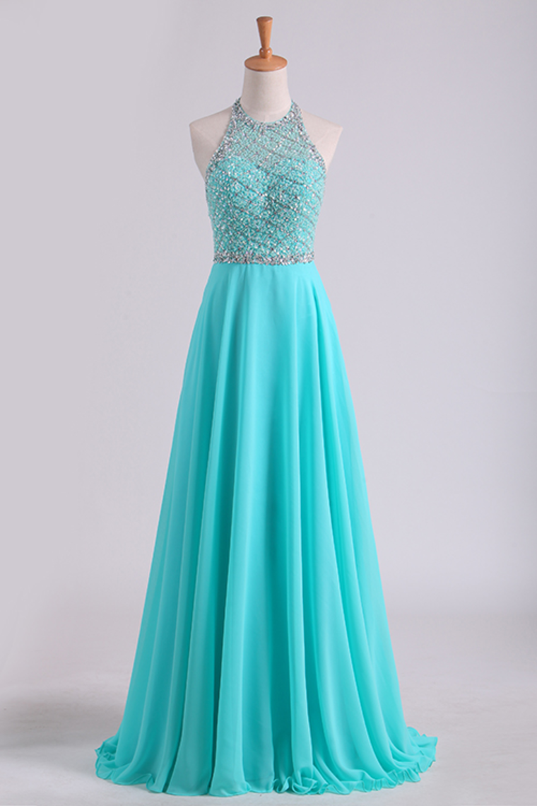 2024 A Line Prom Dresses Halter Beaded Bodice Open Back Sweep Train Chiffon & Tulle