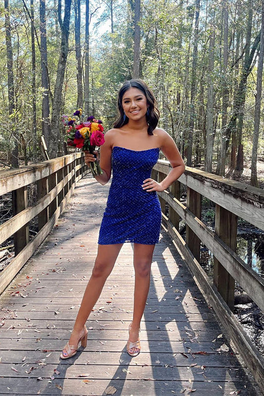 Royal Blue Strapless Bodycon Sequins Short Homecoming Dresses