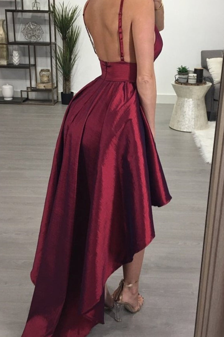 Burgundy Backless Hi-Lo Homecoming Party Dress, Asymmetrical Short Prom Dress