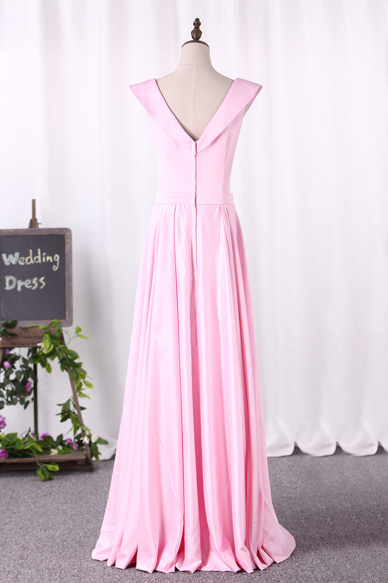 2024 A Line New Arrival Off The Shoulder Satin Evening Dresses With Slit Zipper Back