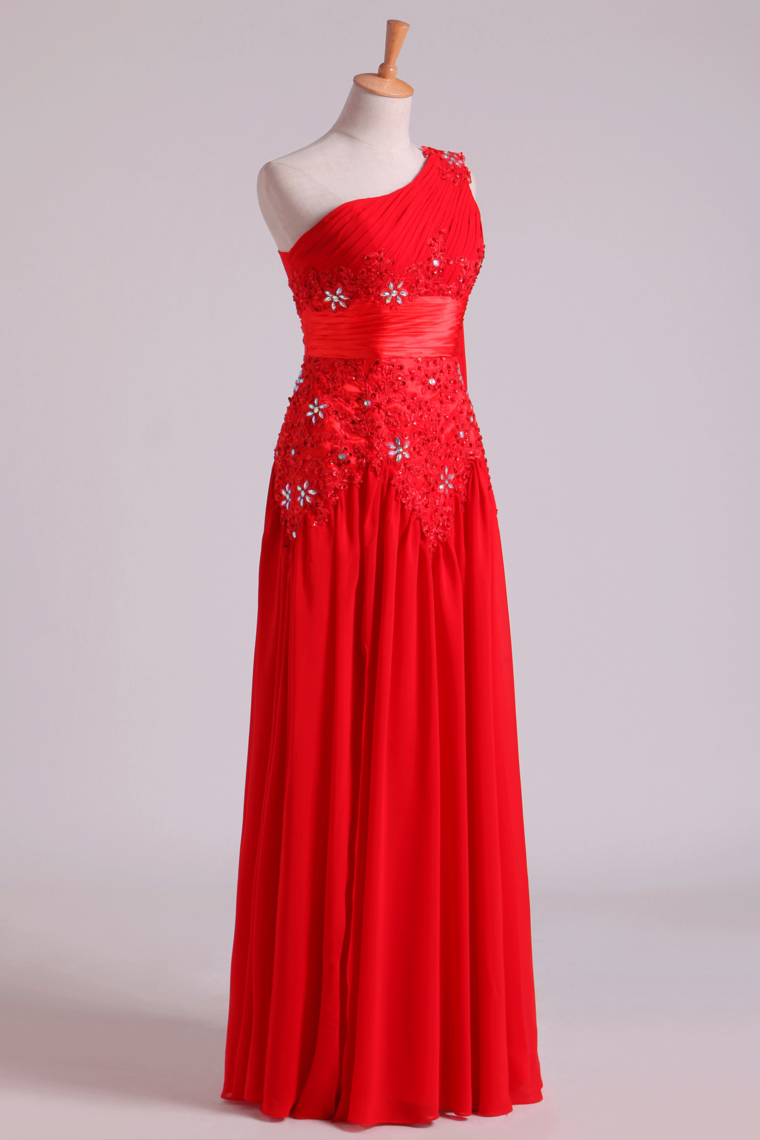 2024 Red One Shoulder A Line Prom Dresses With Applique & Ruffles Floor Length