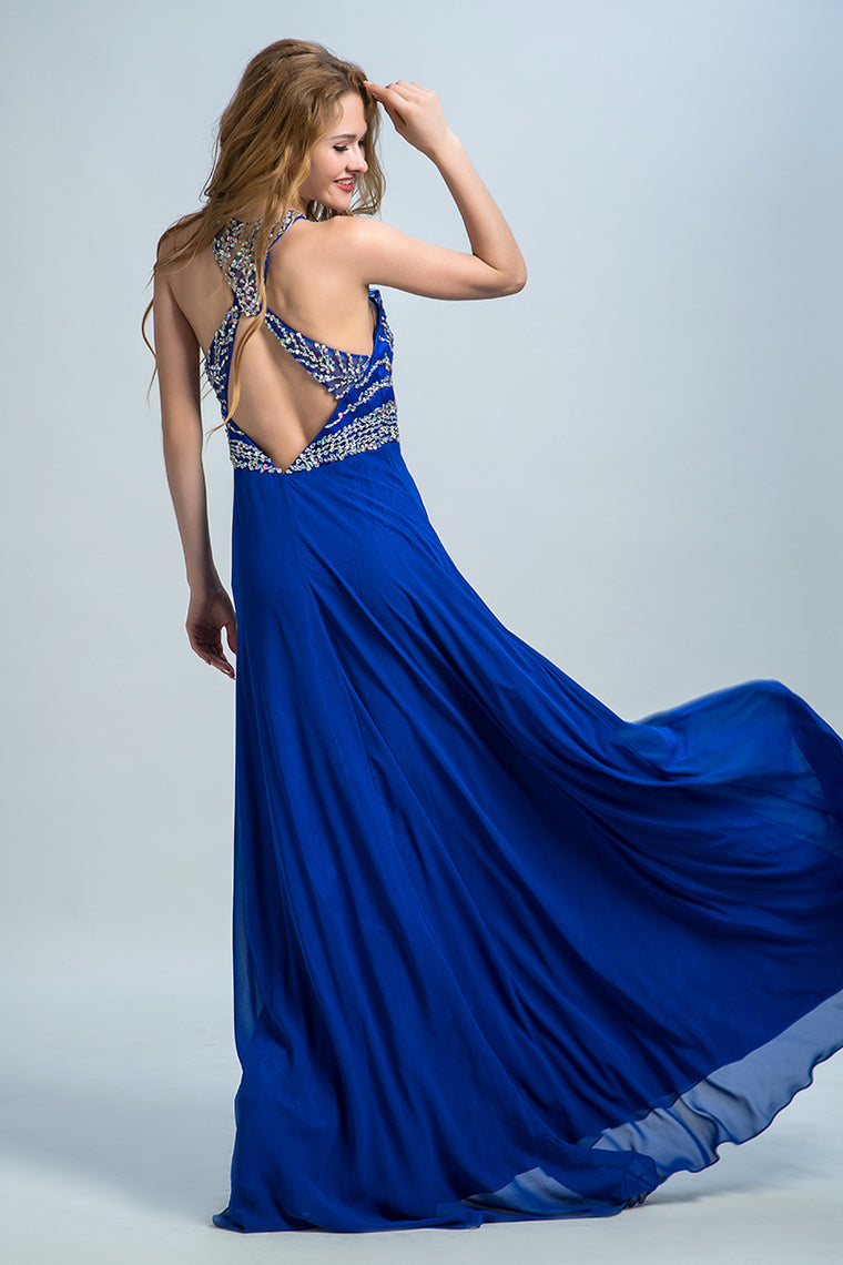 2024 Halter A-Line/Princess Prom Dresses Tulle And Chiffon Dark Royal Blue Sweep Train