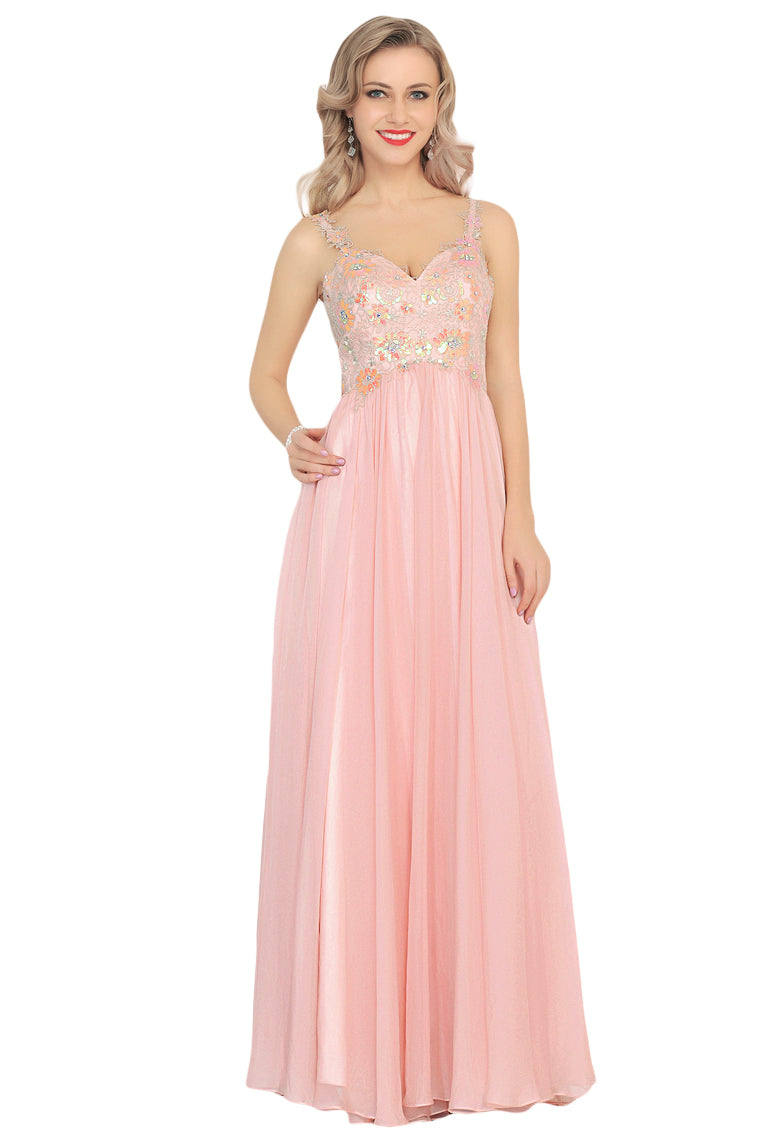 2024 A Line Spaghetti Straps Prom Dresses Chiffon With Beads And Applique