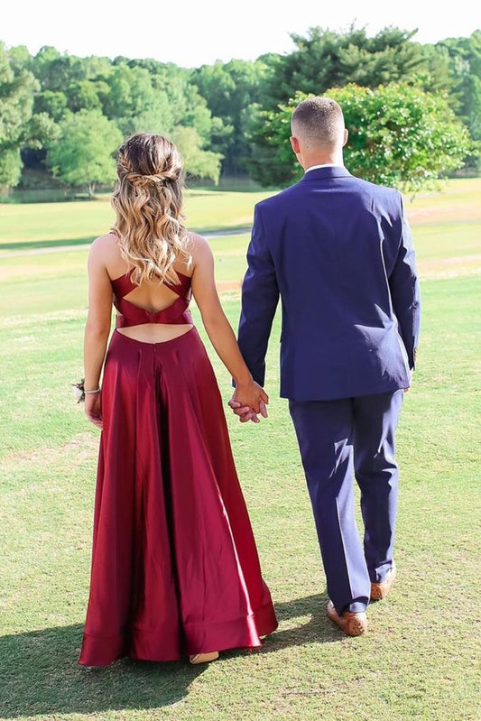 V-Neck Side Split Burgundy Prom Dress With Cutout Back