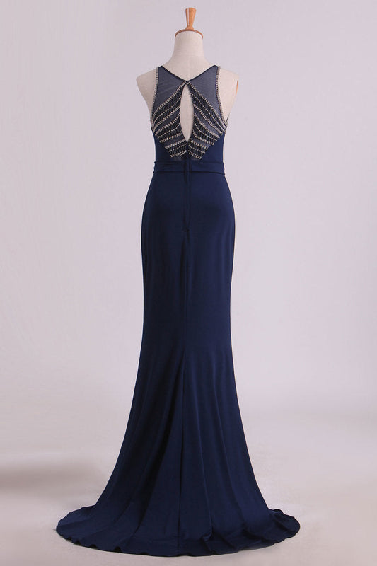 2024 Spandex Scoop With Beading Sheath Evening Dresses Open Back Sweep Train