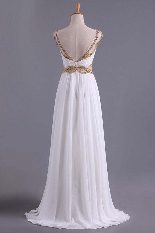 2024 White A Line Prom Dresses Bateau Open Back Chiffon With Beads & Ruffles Sweep Train