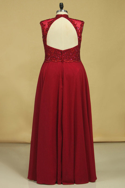 2024 High Neck  Prom Dresses Beaded Bodice Burgundy/Maroon A Line Chiffon Open Back