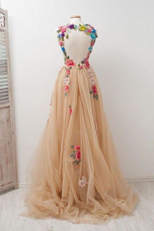 A Line Straps Appliqued Prom Dress, Cheap Sweep Train Tulle Evening Dresses