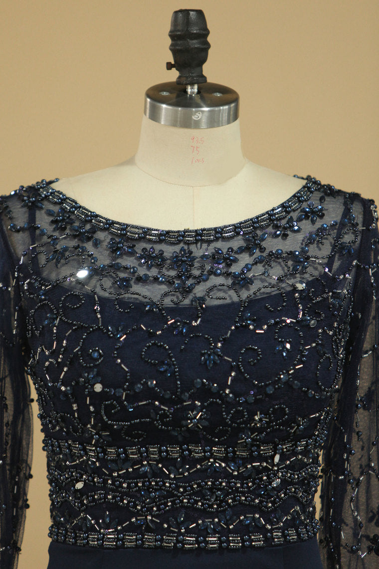 2024 Dark Navy Spandex Scoop 3/4 Length Sleeves Beaded Bodice Mother Of The Bride Dresses Mermaid/Trumpet