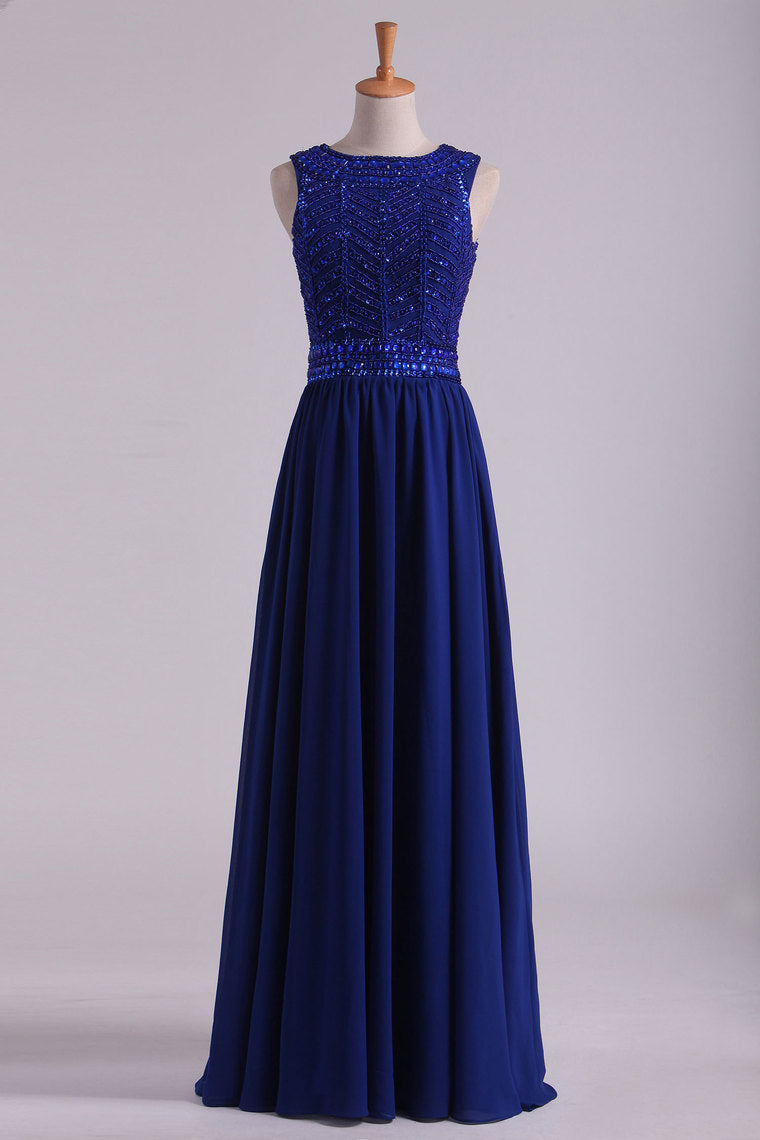 2024 Dark Royal Blue Prom Dresses Scoop A Line Chiffon With Beading Floor Length