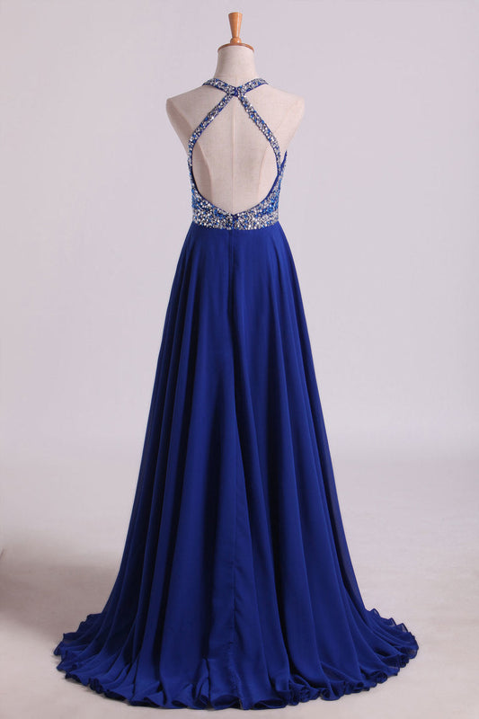 2024 A Line Prom Dresses Halter Beaded Bodice Open Back Sweep Train Chiffon & Tulle Dark Royal Blue