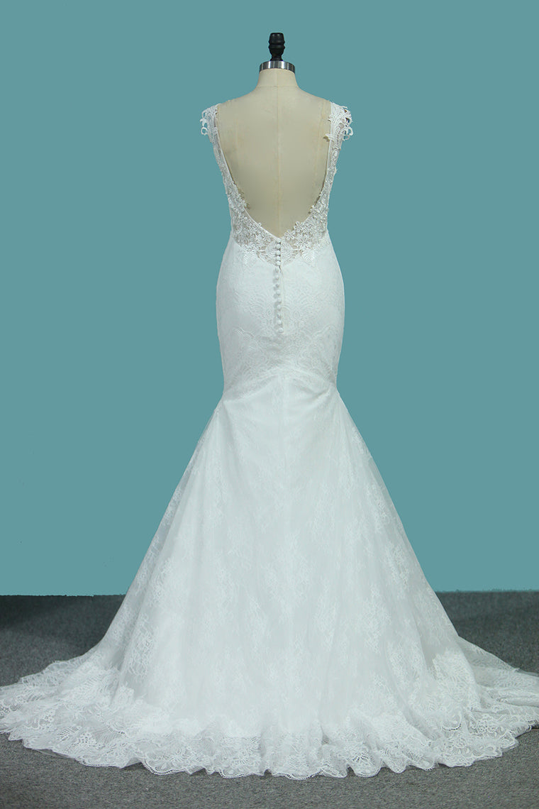 2024 Mermaid Wedding Dresses Lace Straps With Applique Sweep Train Sexy Open Back