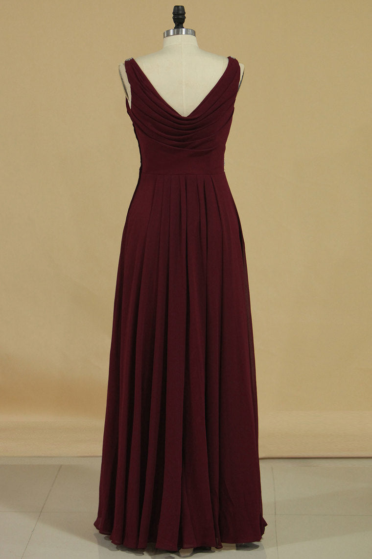 2024 V Neck Bridesmaid Dresses A Line With Beads And Ruffles Floor Length Chiffon