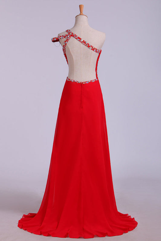 2024 Prom Dresses Sheath Split Front Floor Length One Shoulder Color Red