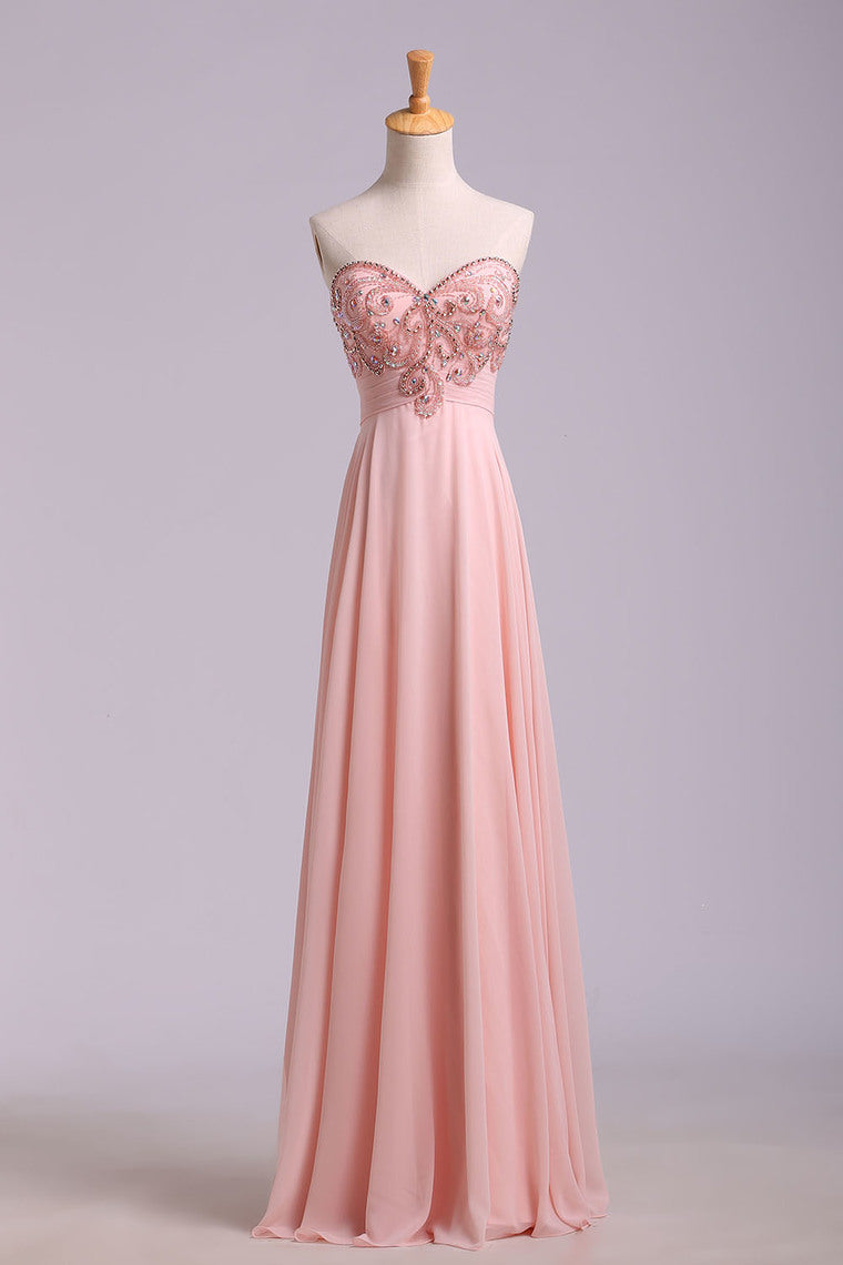 2024 New Arrival Prom Dresses A Line Sweetheart Sweep/Brush Chiffon With Beading