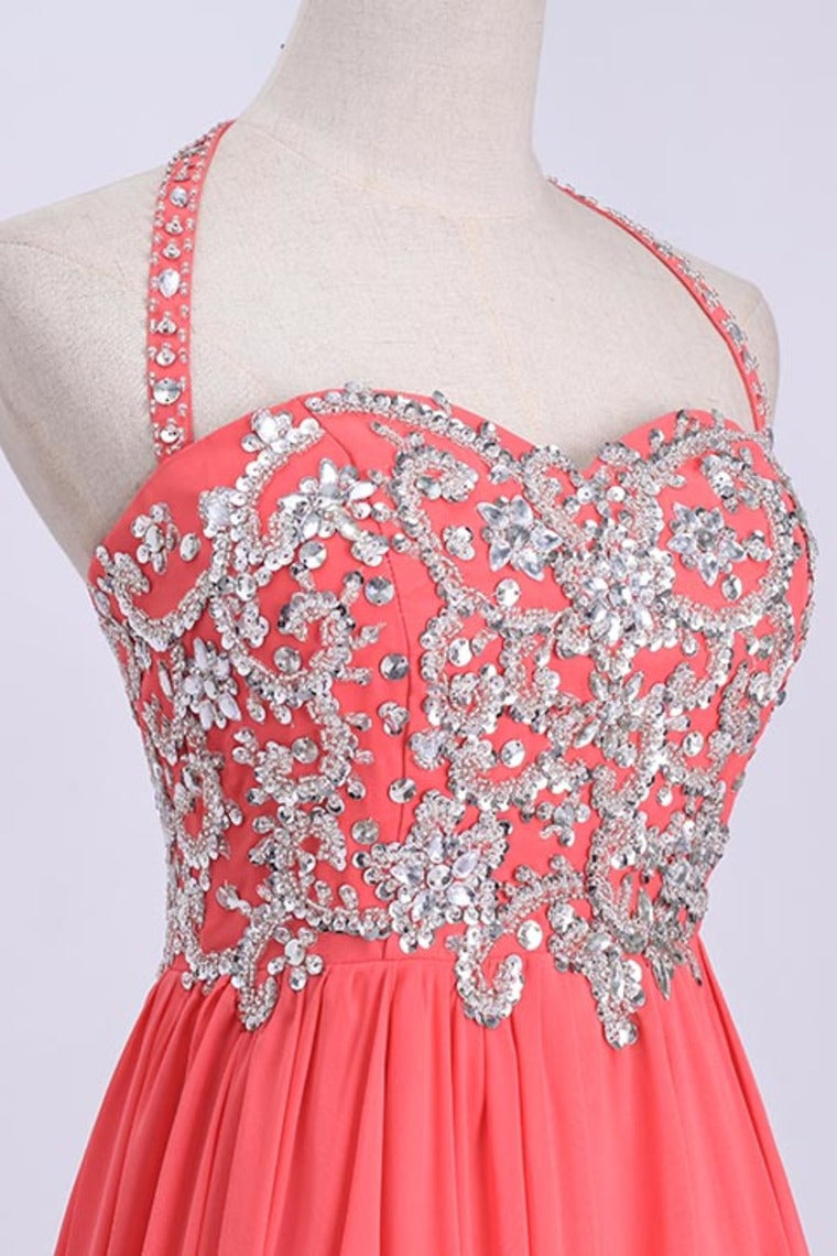 Hot Selling Prom Dresses Halter A-Line Floor Length Chiffon Color Watermelon Only Cheap