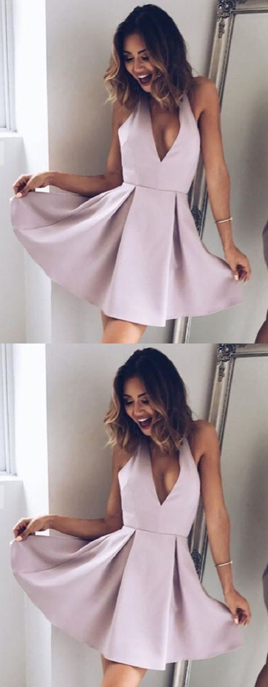 A-Line Deep V-Neck Sleeveless Satin Homecoming Dresses