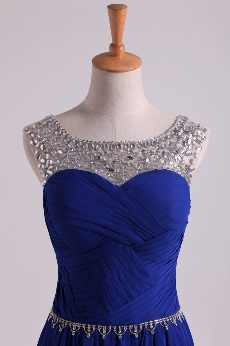 2024 Scoop Prom Dresses A Line Pleated Bodice Chiffon With Beads Dark Royal Blue