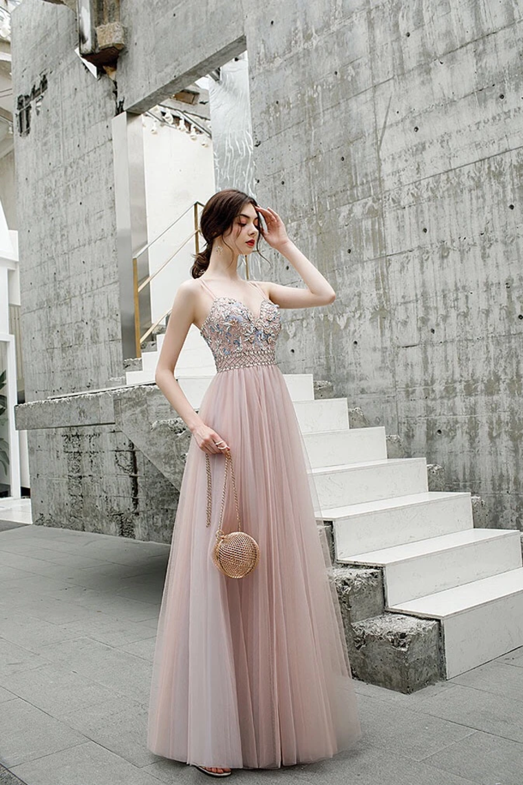 A Line Floor Length Spaghetti Straps Tulle Prom Dress With Beads