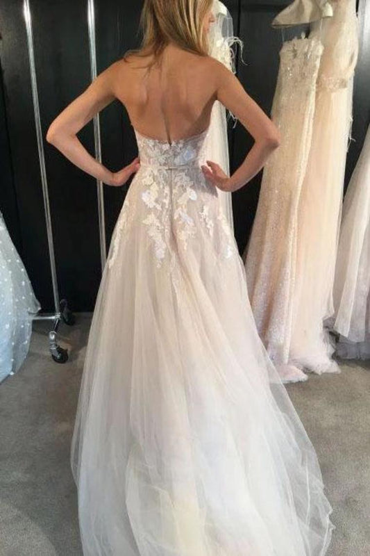 Ivory Strapless Tulle Long Beach Wedding Dresses, Sexy Appliques Bridal Dress