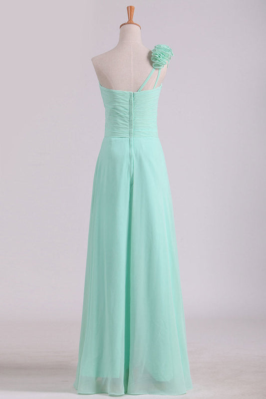 2024  A Line One Shoulder With Handmade Flowers Chiffon Bridesmaid Dress