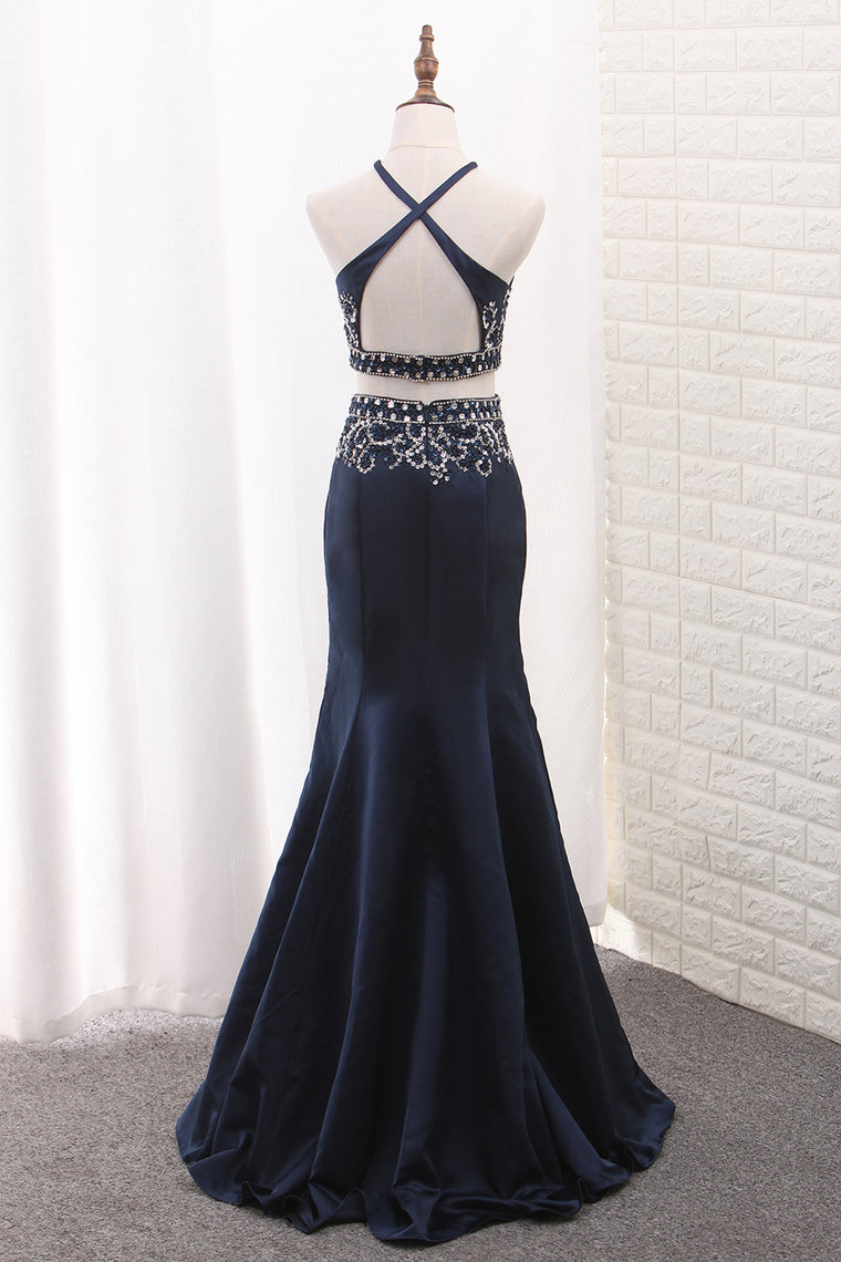 2024 Mermaid Two-Piece Satin Spaghetti Straps Prom Dresses With Beading