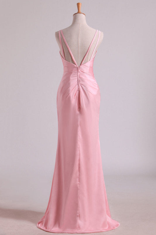 2024 Bridesmaid Dresses V Neck A Line Chiffon With Slit And Ruffles