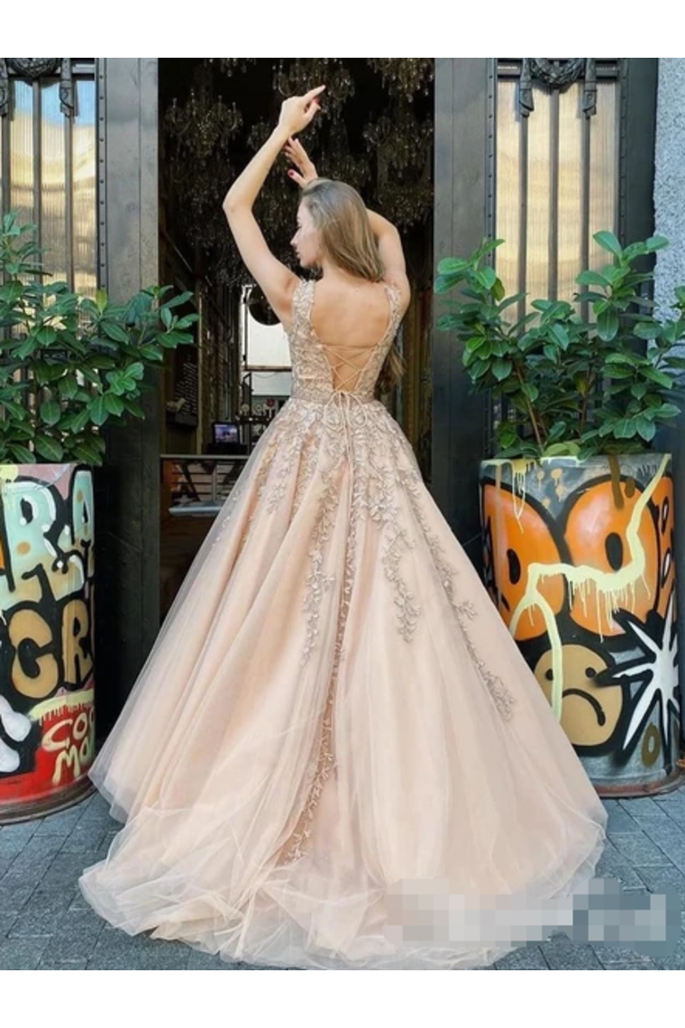 A Line Bateau Neckline Beadings Sash Prom Gown Champagne Appliques Lace Up Back Prom Dress