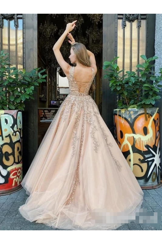 A Line Bateau Neckline Beadings Sash Prom Gown Champagne Appliques Lace Up Back Prom Dress