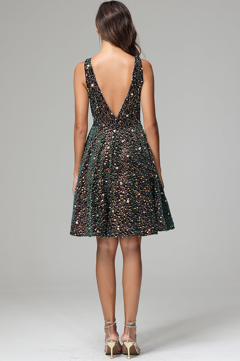 Dark Green A Line V-neck Short Sequins Homecoming Dress